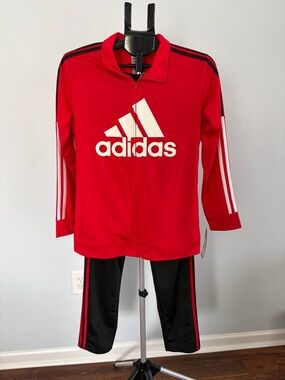 Boys Adidas Red Logo Track Jacket and Black Track Pants Set